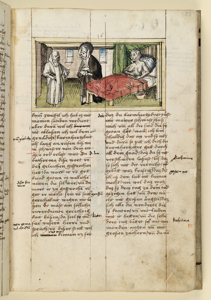 Die Heilige am Bett einer Kranken. Raimund, Das Leben der Hl. Katharina von Siena (geschrieben von der Nonne Elisabeth Warüssin)