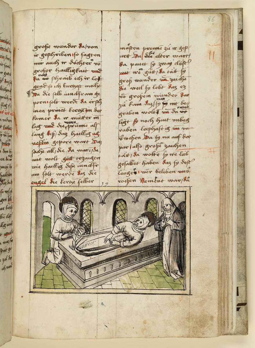 Die Heilige am Grab der hl. Agnes, die in einer Kapelle aufgebahrt liegt. Raimund, Das Leben der Hl. Katharina von Siena (geschrieben von der Nonne Elisabeth Warüssin)
