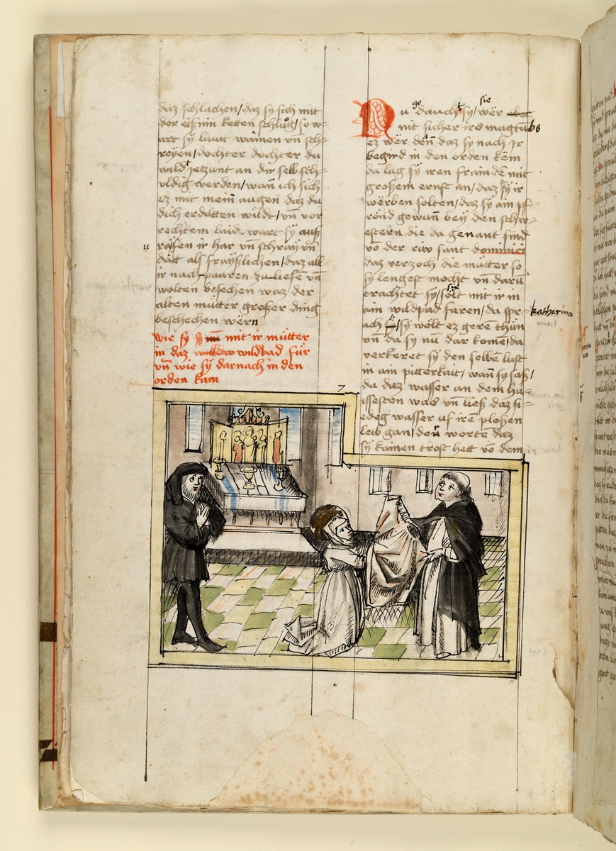 Die Heilige erhält in einer Kirche das Ordenkleid, links ihr Vater. Raimund, Das Leben der Hl. Katharina von Siena (geschrieben von der Nonne Elisabeth Warüssin)