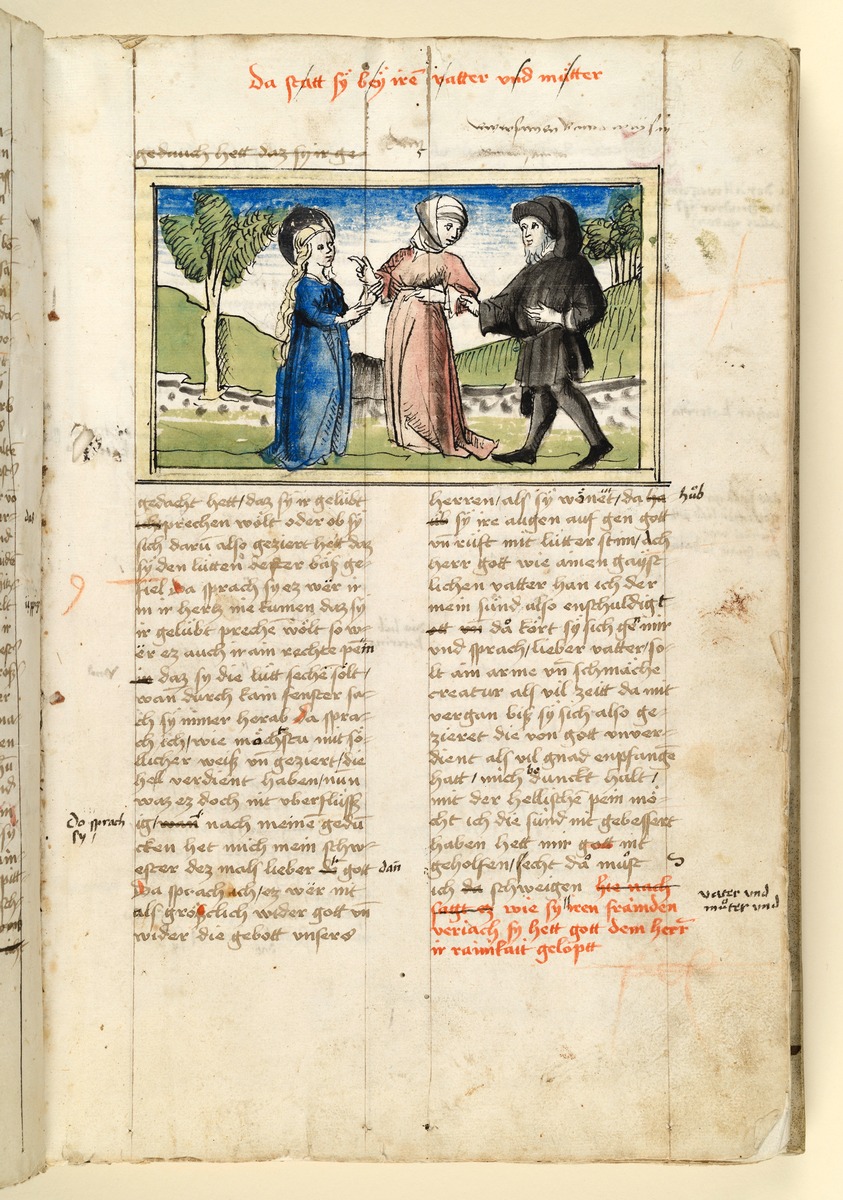 Die Heilige mit den Eltern am Weg in einer Landschaft. Raimund, Das Leben der Hl. Katharina von Siena (geschrieben von der Nonne Elisabeth Warüssin)