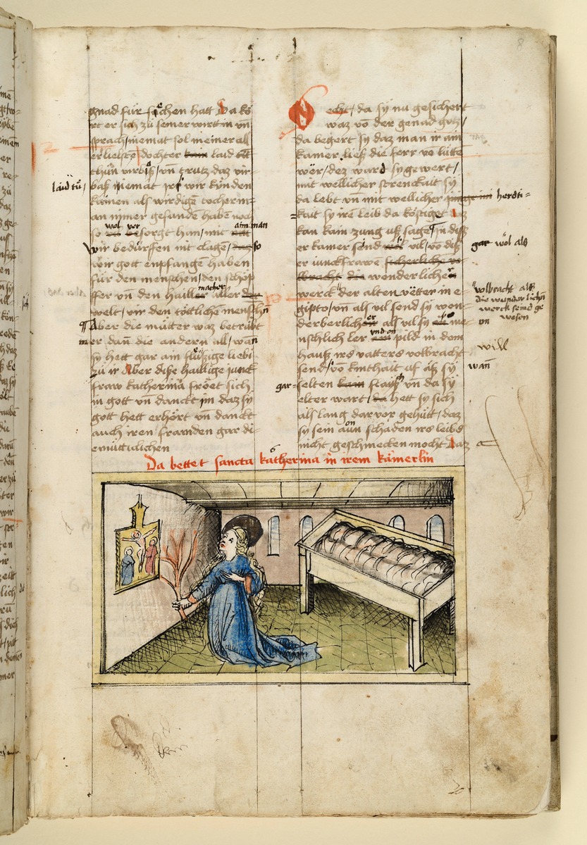 Die Heilige in ihrer Kammer im Gebet. Raimund, Das Leben der Hl. Katharina von Siena (geschrieben von der Nonne Elisabeth Warüssin)