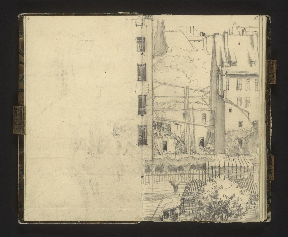 Blick aus Menzels Schlafzimmerfenster in der Ritterstraße, im Vordergrund Holzlagerplatz