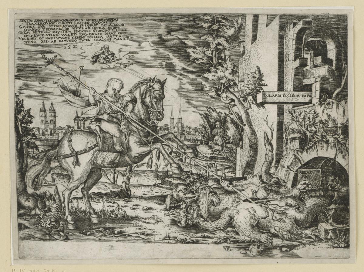 Allegorie: Das Christkind besiegt die katholische Kirche