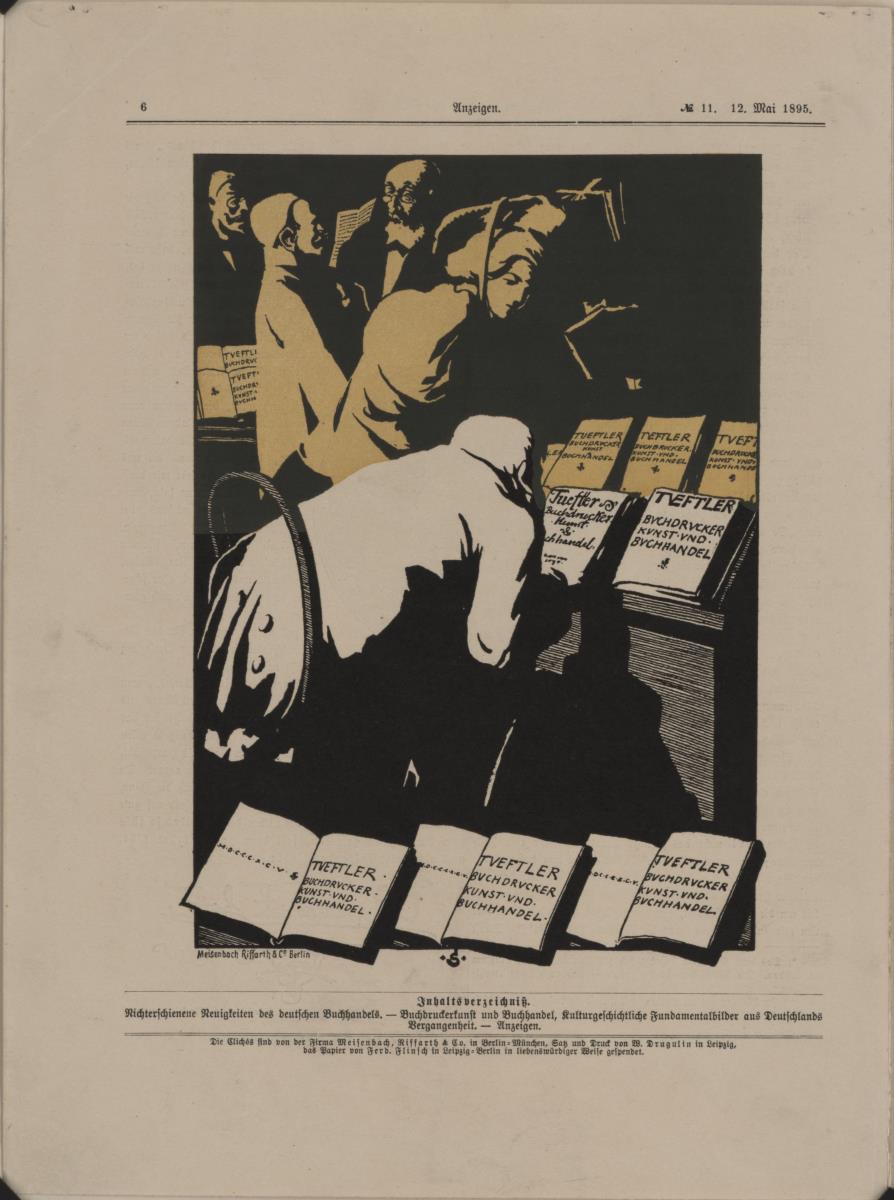 Tueftler. Buchdrucker, Kunst- und Buchhandel. Anzeige in: Nachrichten aus dem Buchhandel und den verwandten Geschäftszweigen. Nr. 11, 12. Mai 1895