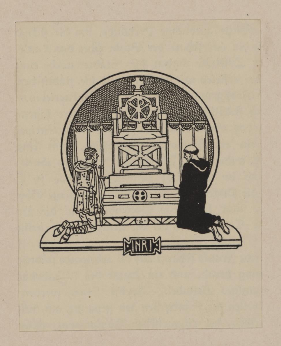 Römer und Mönch vor Altar knieend. Vignette für: Heinrich Boos. Geschichte der rheinischen Städtekultur von ihren Anfängen bis zur Gegenwart mit besonderer Berücksichtigung der Stadt Worms. Berlin: Stargardt 1897