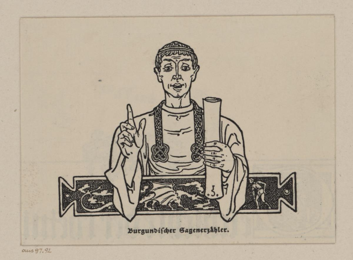 Burgundischer Sagenerzähler. Illustration für: Heinrich Boos. Geschichte der rheinischen Städtekultur von ihren Anfängen bis zur Gegenwart mit besonderer Berücksichtigung der Stadt Worms. Berlin: Stargardt 1897