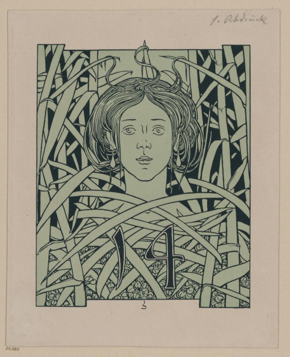 Frauenkopf. Illustration für Karl Lachmann. Die Nibelunge. Berlin: Stargardt 1898-1904