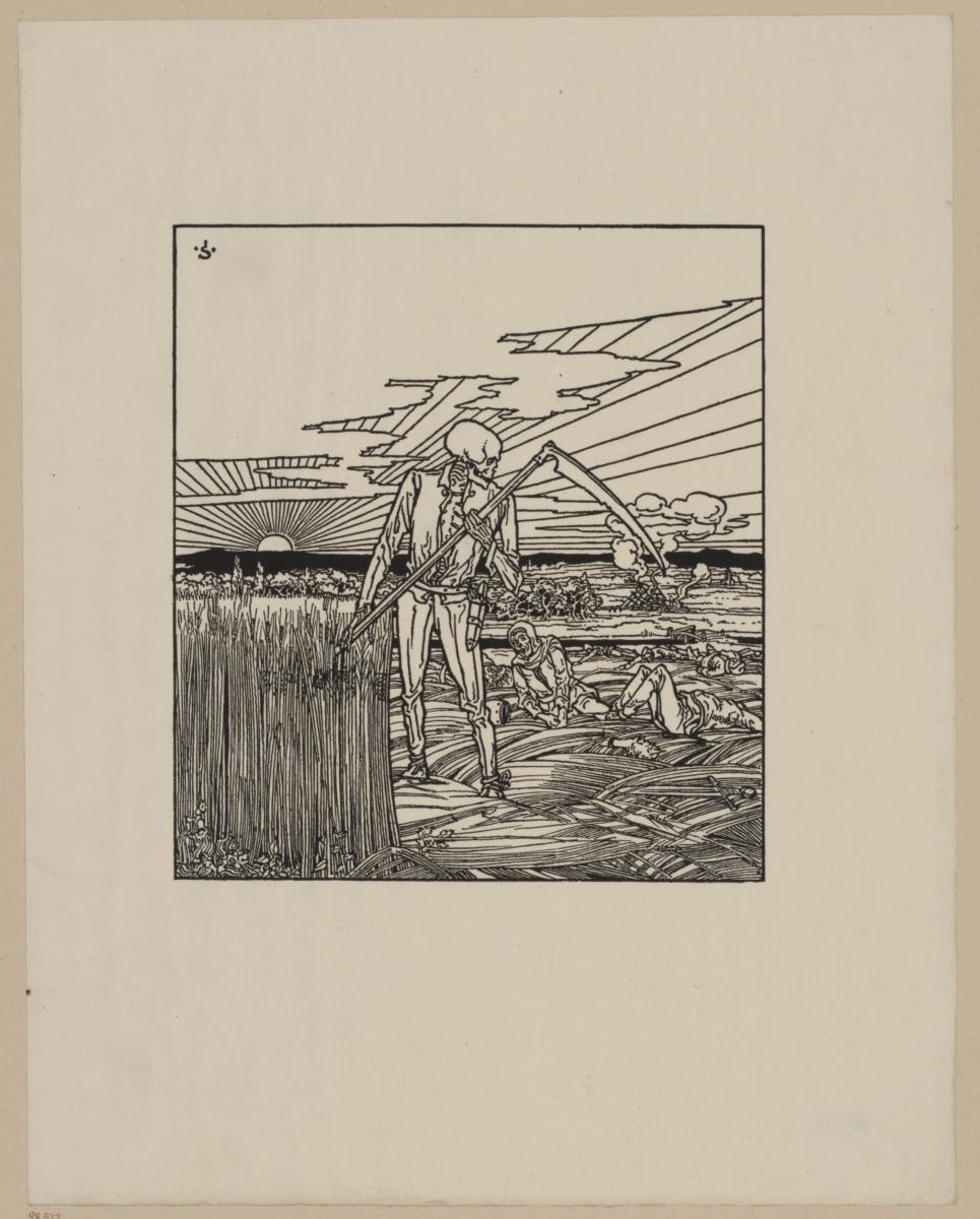 Tod als Sensenmann. Illustration für: Heinrich Boos. Geschichte der rheinischen Städtekultur von ihren Anfängen bis zur Gegenwart mit besonderer Berücksichtigung der Stadt Worms. Berlin: Stargardt 1897