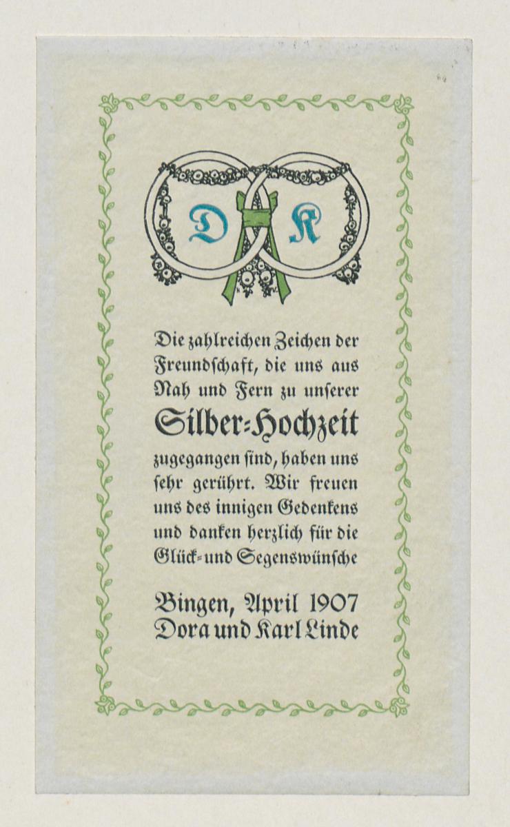 Danksagung zur Silberhochzeit Dora und Karl Linde (Vogeler-Zierat)