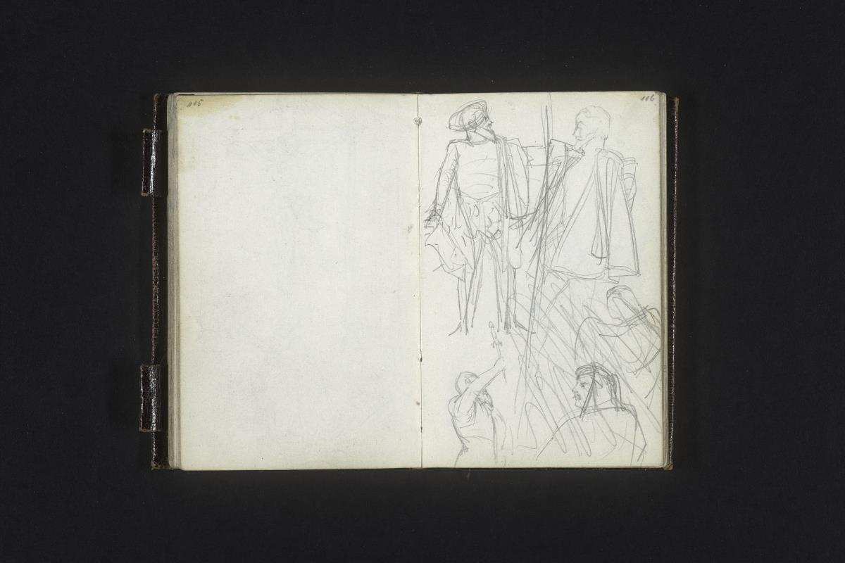 Mehrere Figuren in Theaterkostümen (teils verworfen)