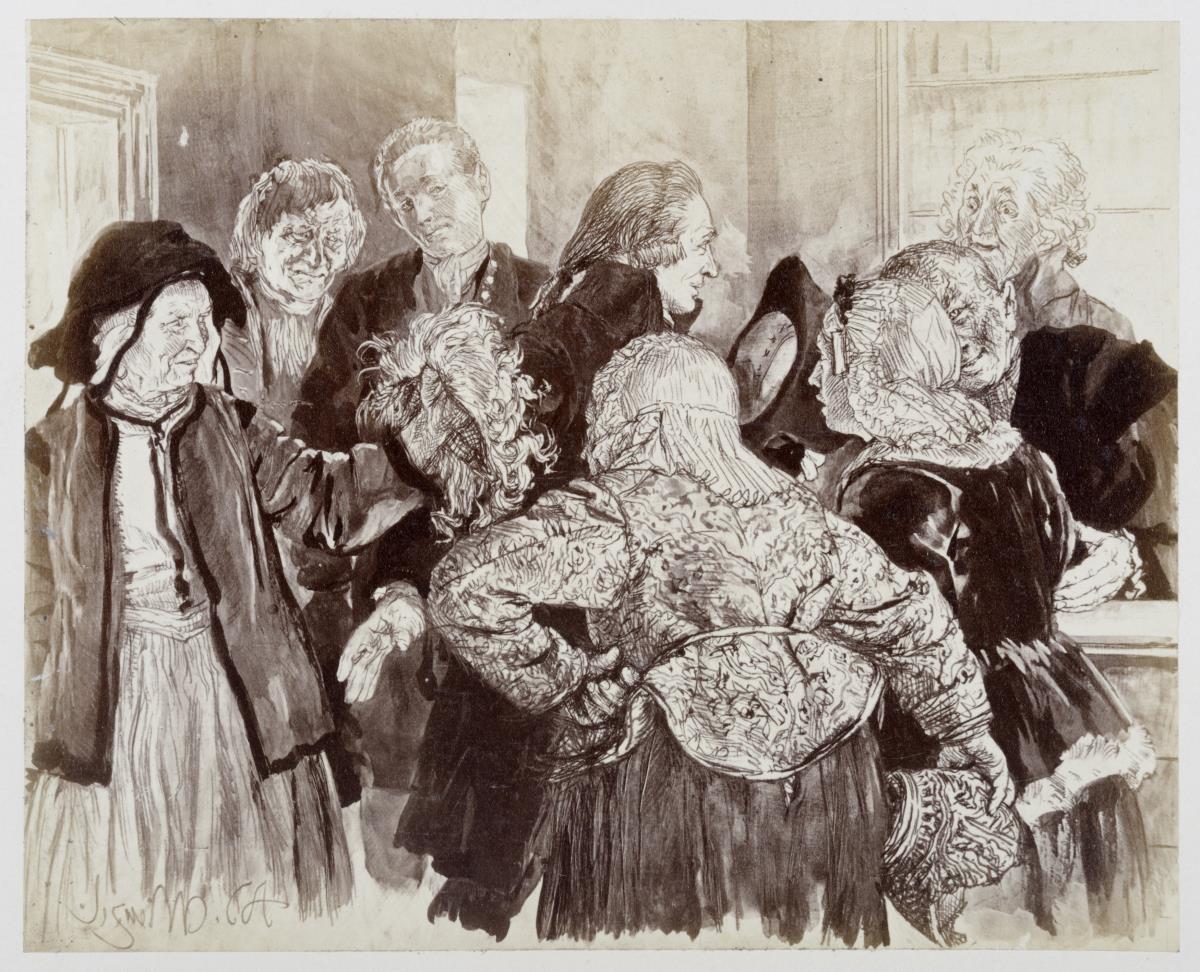 Die alte Brigitte mit der Perücke im Gerichtszimmer. Licht drängt sich mit dem Hut in der Hand durch die Parteien, um die Alte dem Gerichtsrat vorzustellen, zu Heinrich von Kleist "Der zerbrochene Krug"