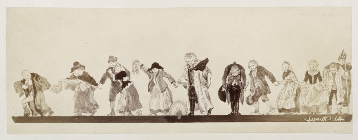 Schlussvignette. Die Personen des Stückes ziehen an der Bühnenrampe entlang unter Verbeugungen nach rechts vorbei, zu Heinrich von Kleist "Der zerbrochene Krug"