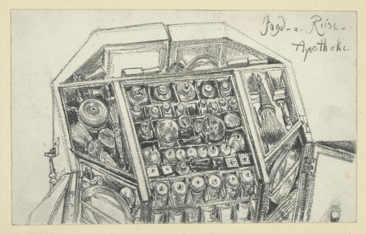 Blick von oben in den geöffneten Jagd- und Arbeitstisch Kurfürst Johann Georgs I. von Sachsen, Historisches Museum, Dresden