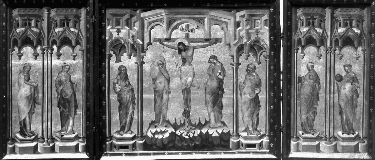 Altar mit dem gekreuzigten Christus, Heiligen (Virgines Capitales) und Heiligenmartyrien