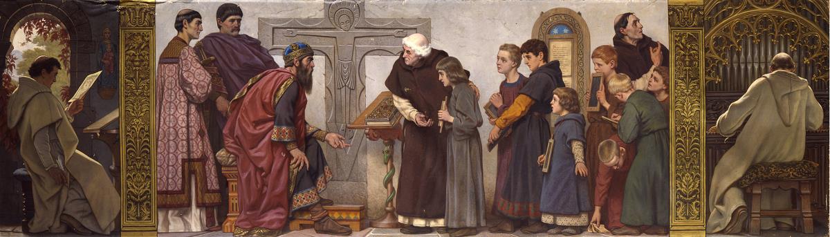 Mittelalter. Wandbild aus dem sechsteiligen Zyklus "Jugendleben und Jugenderziehung in antiker und moderner Zeit" für die Aula des Königlichen Gymnasiums zu Bromberg