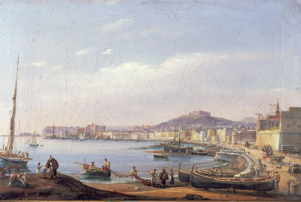 Hafenansicht von Neapel (I von IV). Blick nach Sant’Elmo und auf das Castel Nuovo