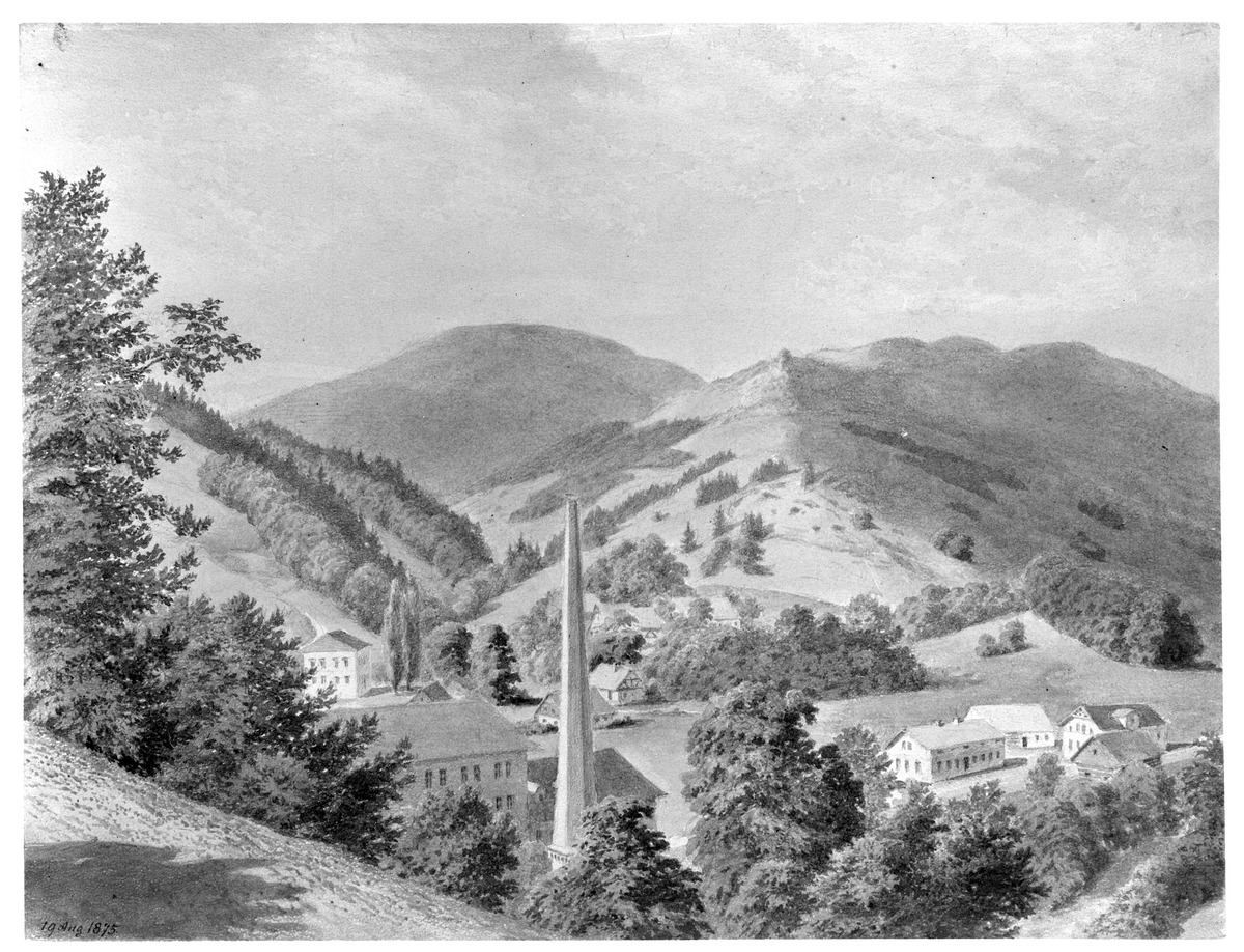 Gebirgslandschaft mit Fabrik und Häusergruppen