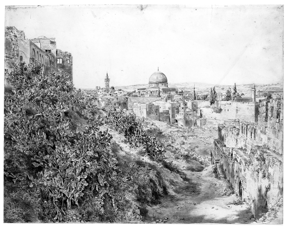 Blick vom Zionsberg auf die Südwestecke des Tempelplatzes und der Omar-Moschee in Jerusalem