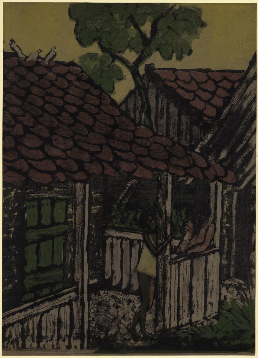 Zigeunersiedlung (Zwei Zigeunerkinder vor der Hütte), aus der Mappe "Zigeuner" (Breslau 1927)