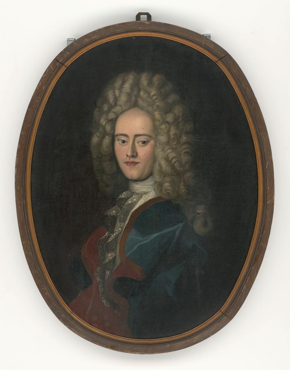 Porträt eines Herrn in blauem Cape, Jabot und Allongeperücke