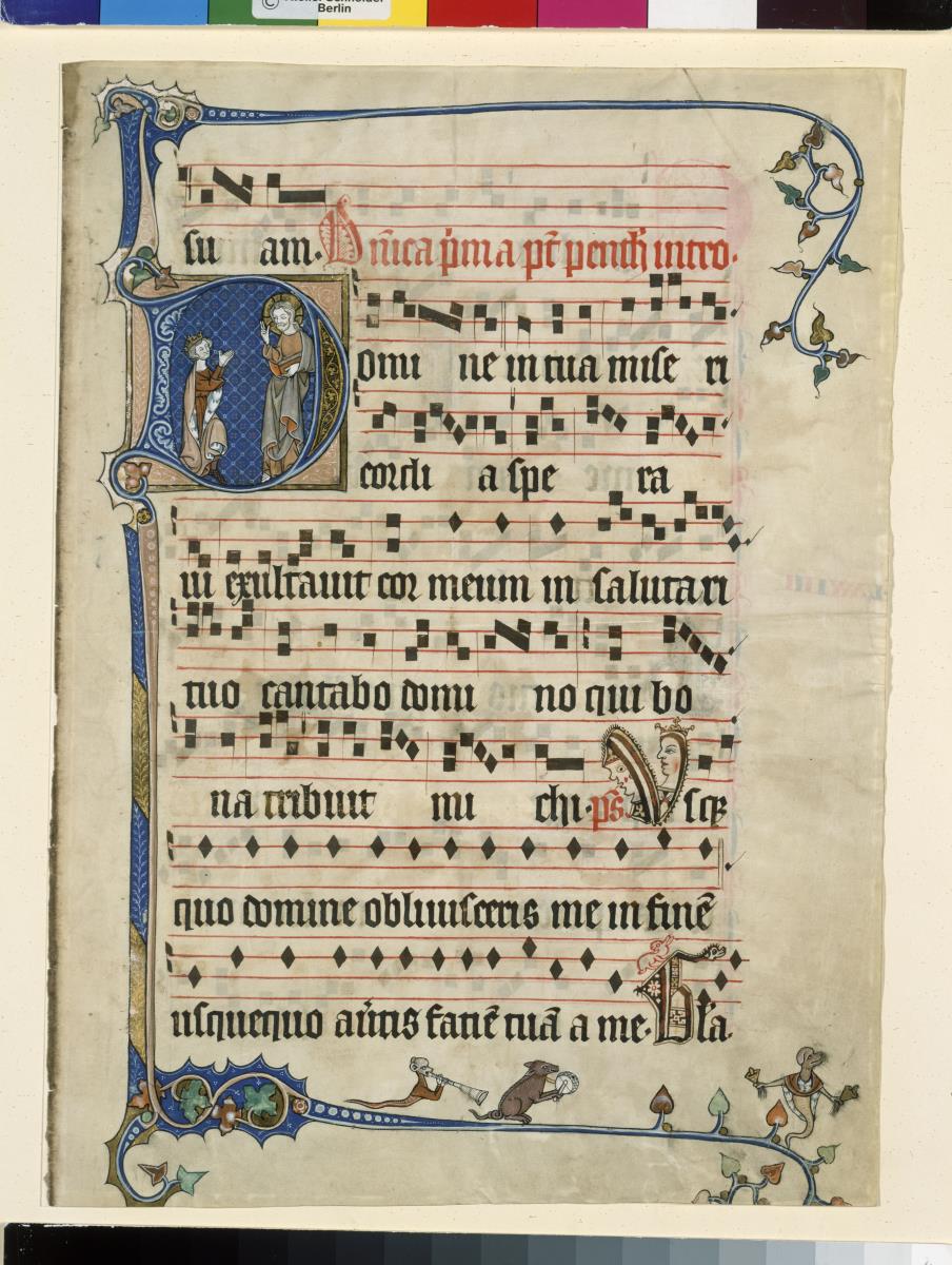 Randleiste und Initiale D, darin vor blauem Grund Christus