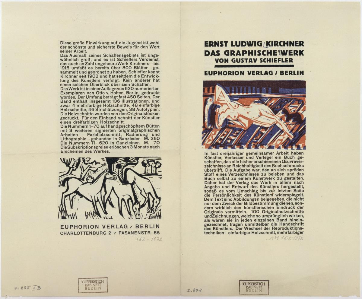 Liegendes nacktes Mädchen mit Katze. Prospekt zu: Gustav Schiefler. Die Graphik Ernst Ludwig Kirchners bis 1924. Bd. 1 bis 1916. Berlin 1926