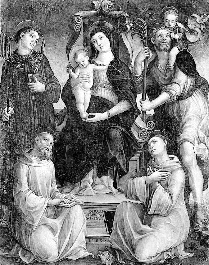 Thronende Maria mit dem segnenden Kind und den Heiligen Benedikt von Nursia, Laurentius, Bernhard von Clairvaux und Christophorus