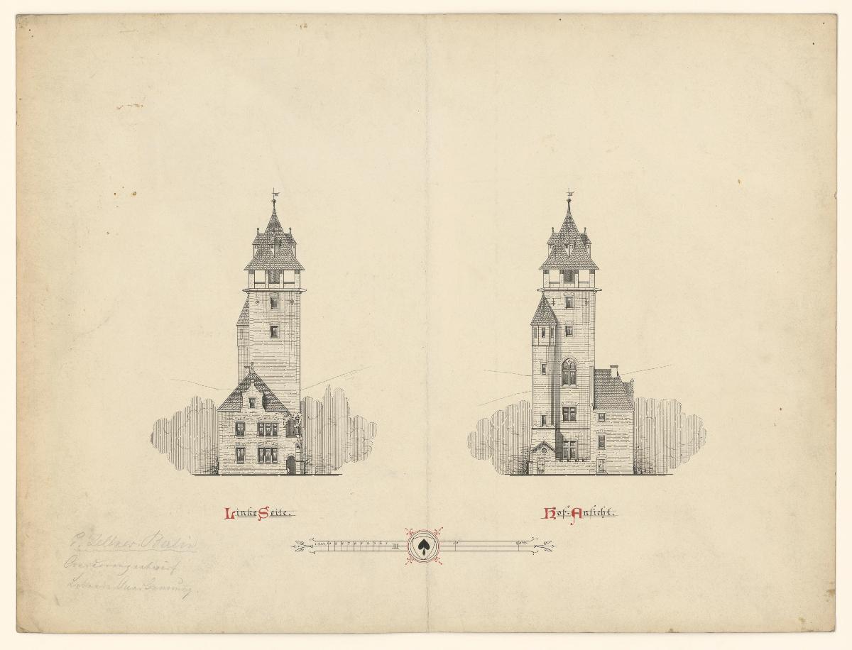 Entwurf für einen Aussichtsturm, linke Seite und Hof-Ansicht
