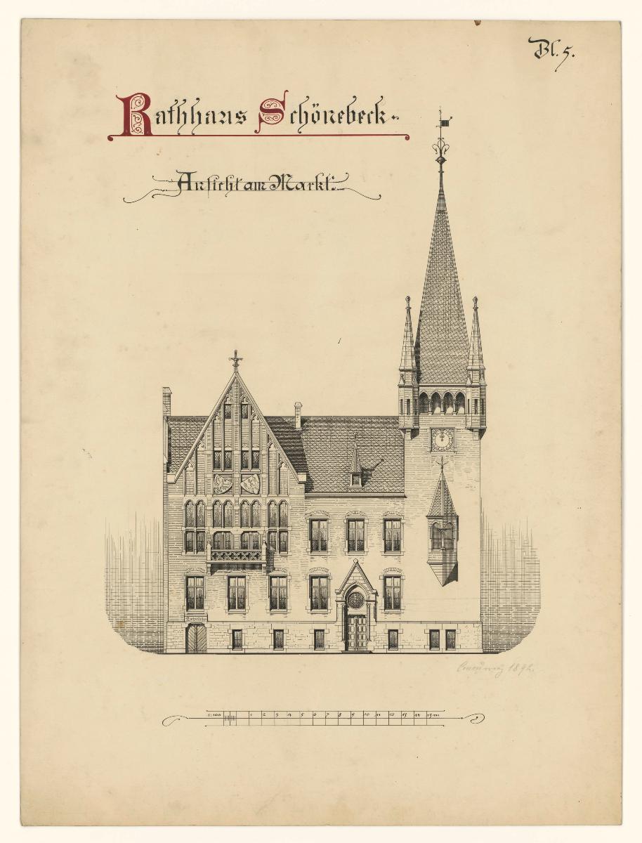 Wettbewerbsentwurf Rathaus Schönebeck, Ansicht am Markt, Blatt 5