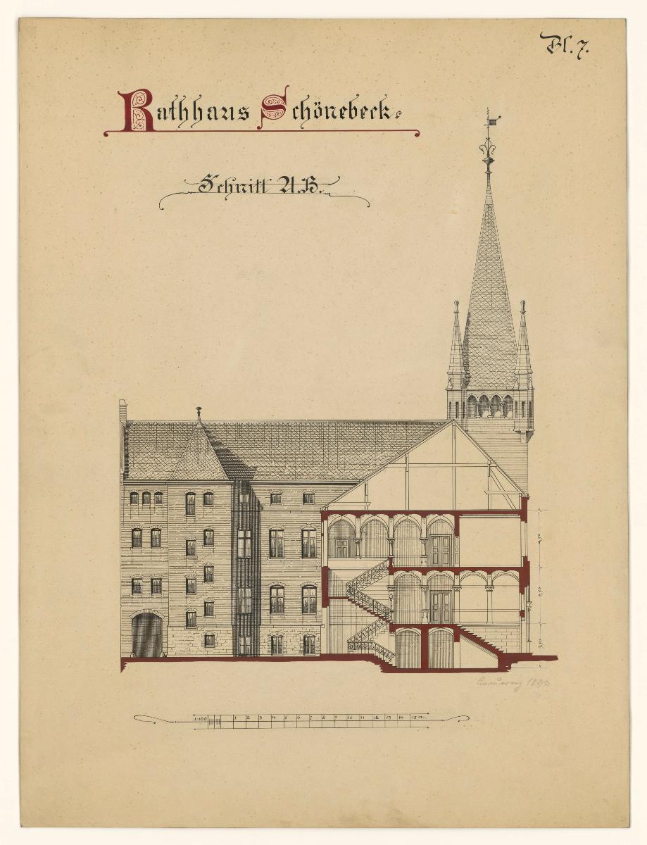 Wettbewerbsentwurf Rathaus Schönebeck, Schnitt, Blatt 7