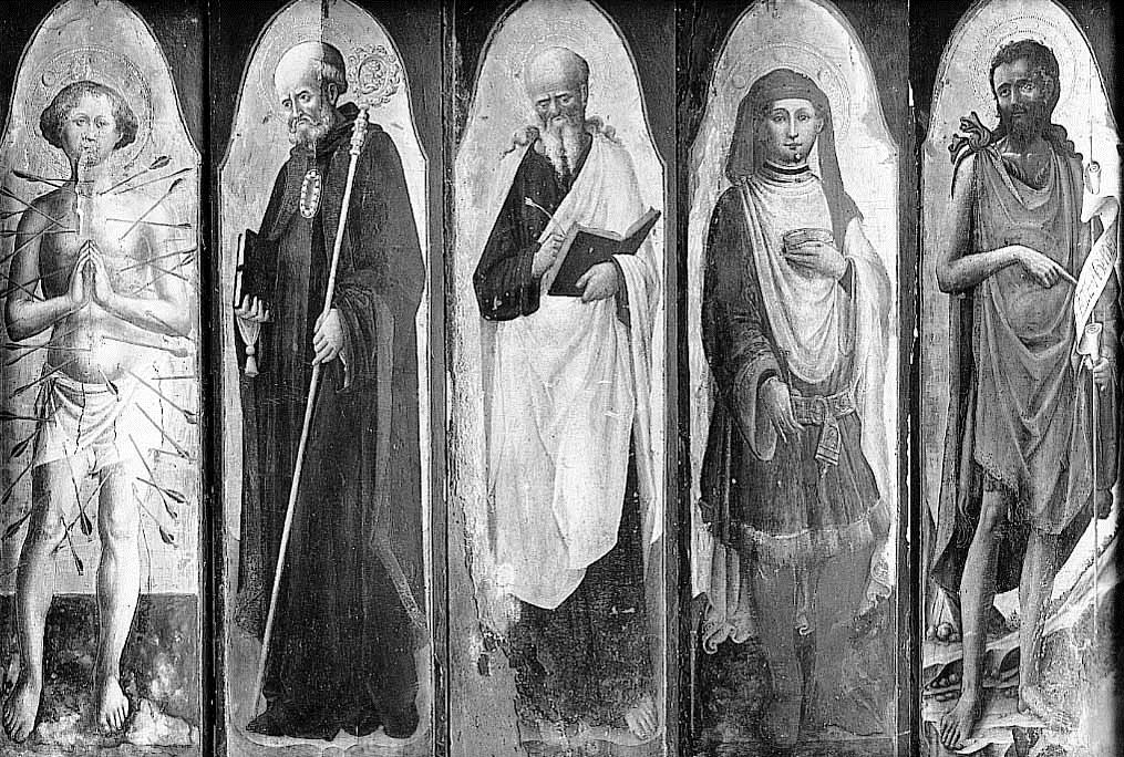 Der heilige Sebastian; der heilige Benedikt; ein heiliger Eremit, vermutlich der heilige Pantaleon; Johannes der Täufer