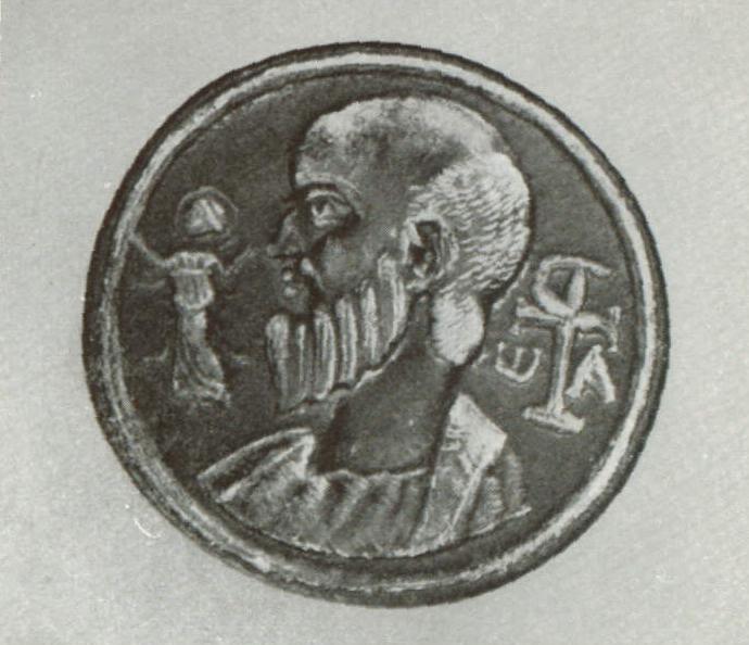 Spätantiker Stempel mit Büste des Apostels Paulus, weiblicher Figur mit Nimbus, Christogramm ...