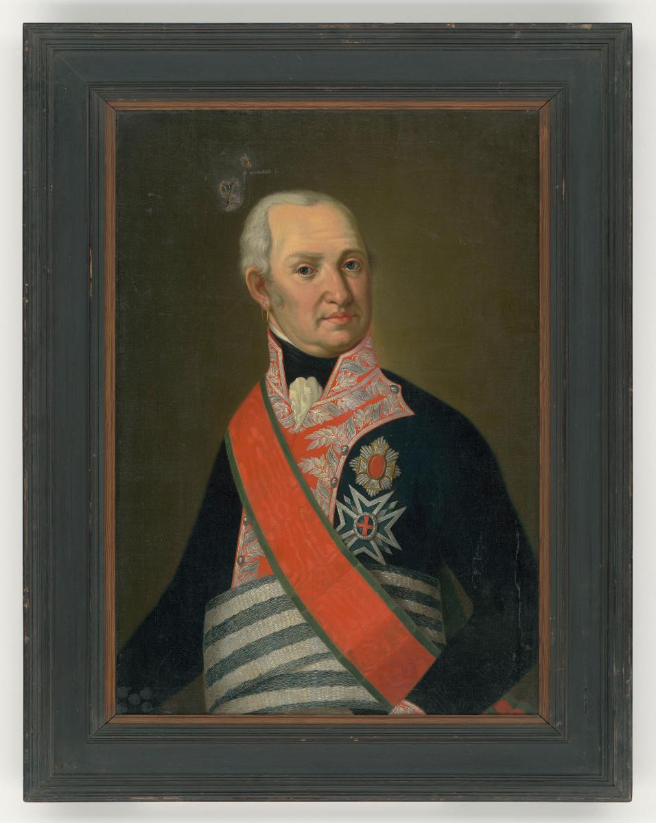 Porträt eines Herrn in Uniform mit Brust- und Bauchschärpe