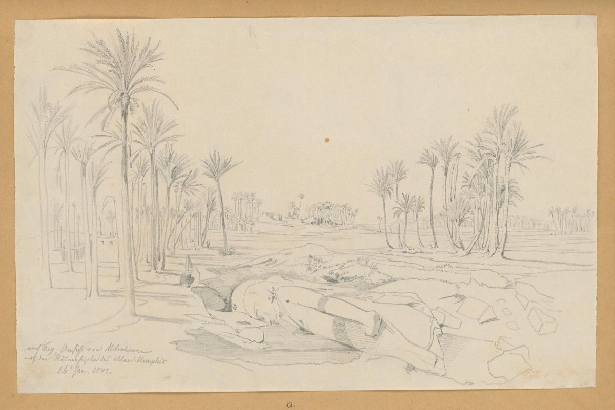 Ägypten-Expedition, Memphis, Ansicht von Mitrahenne auf den Ruinenhügeln des alten Memphis