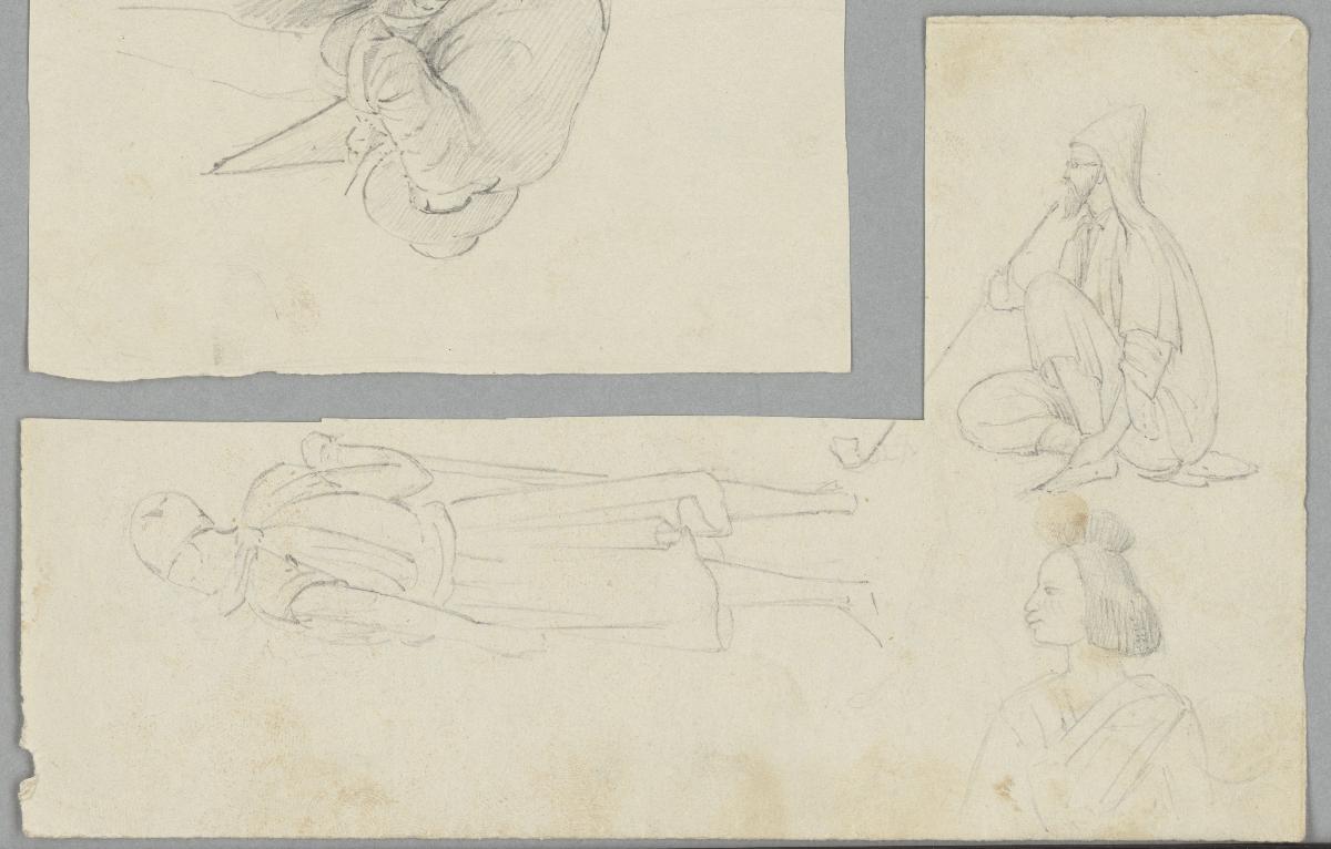 Drei Männer, darunter Lepsius mit ottomanischer Pfeife und ein Nubier (Hadendowa?)