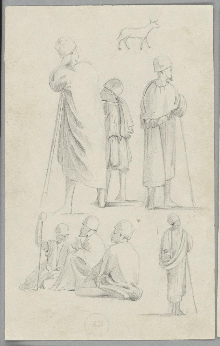 Sieben männliche Figuren und ein stehender Esel