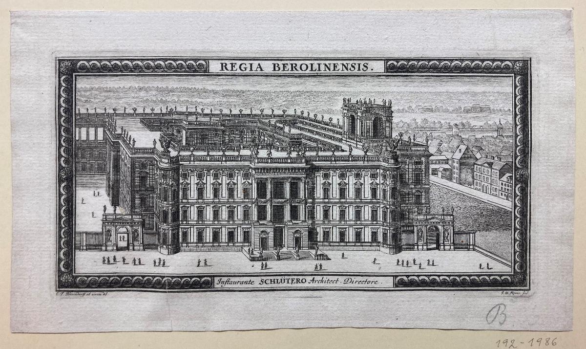 Das Berliner Schloss aus der Vogelperspektive. Vignette aus Lorenz Beger "Thesaurus Brandenburgius"