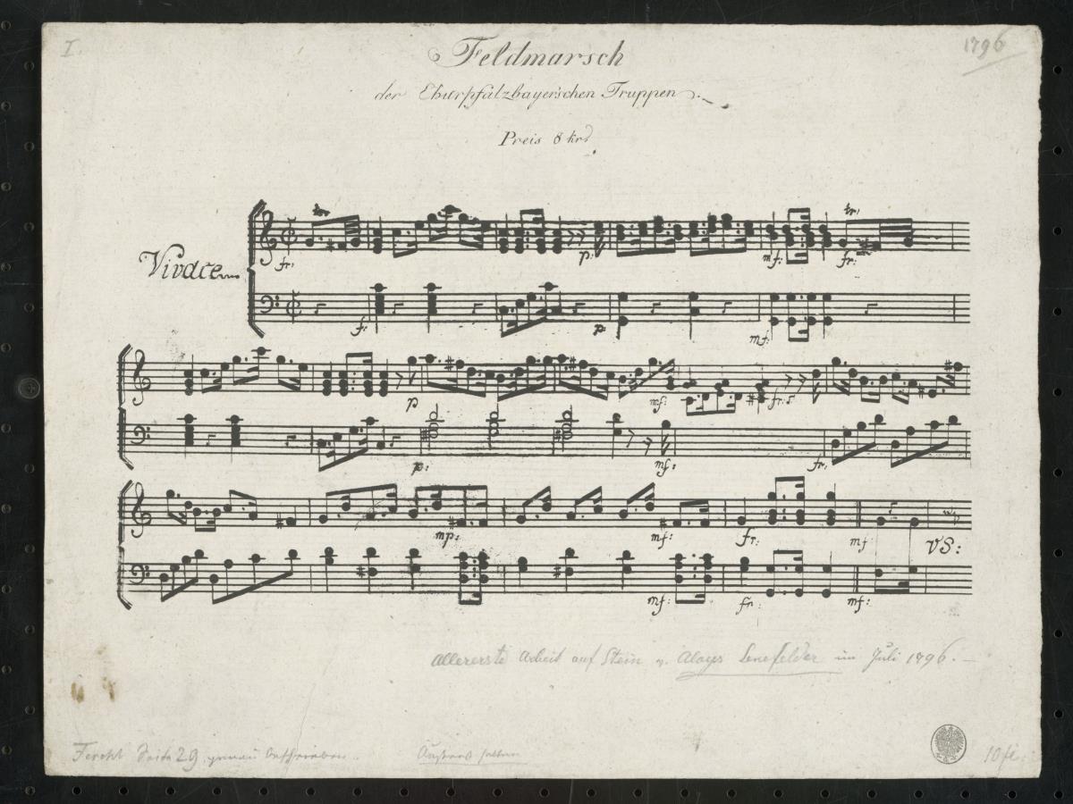 Feldmarsch der Churpfalzbayerischen Truppen / allererste Arbeit auf Stein von Aloys Senefelder im July 1796