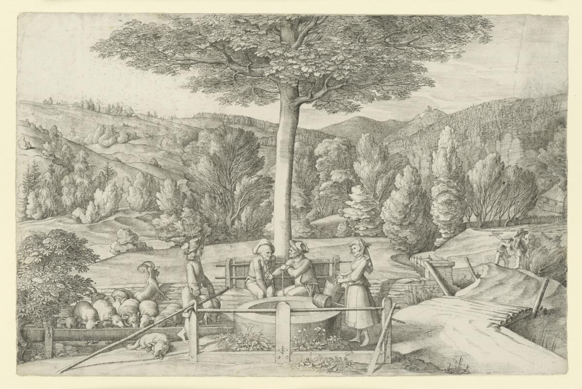 Bewaldete Landschaft mit Landvolk und Herde am Brunnen