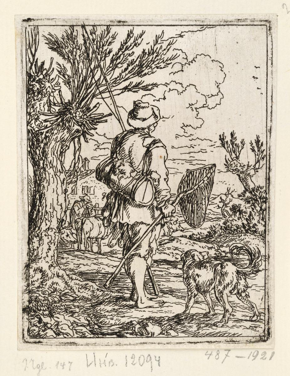 Angler mit Kescher und Hund