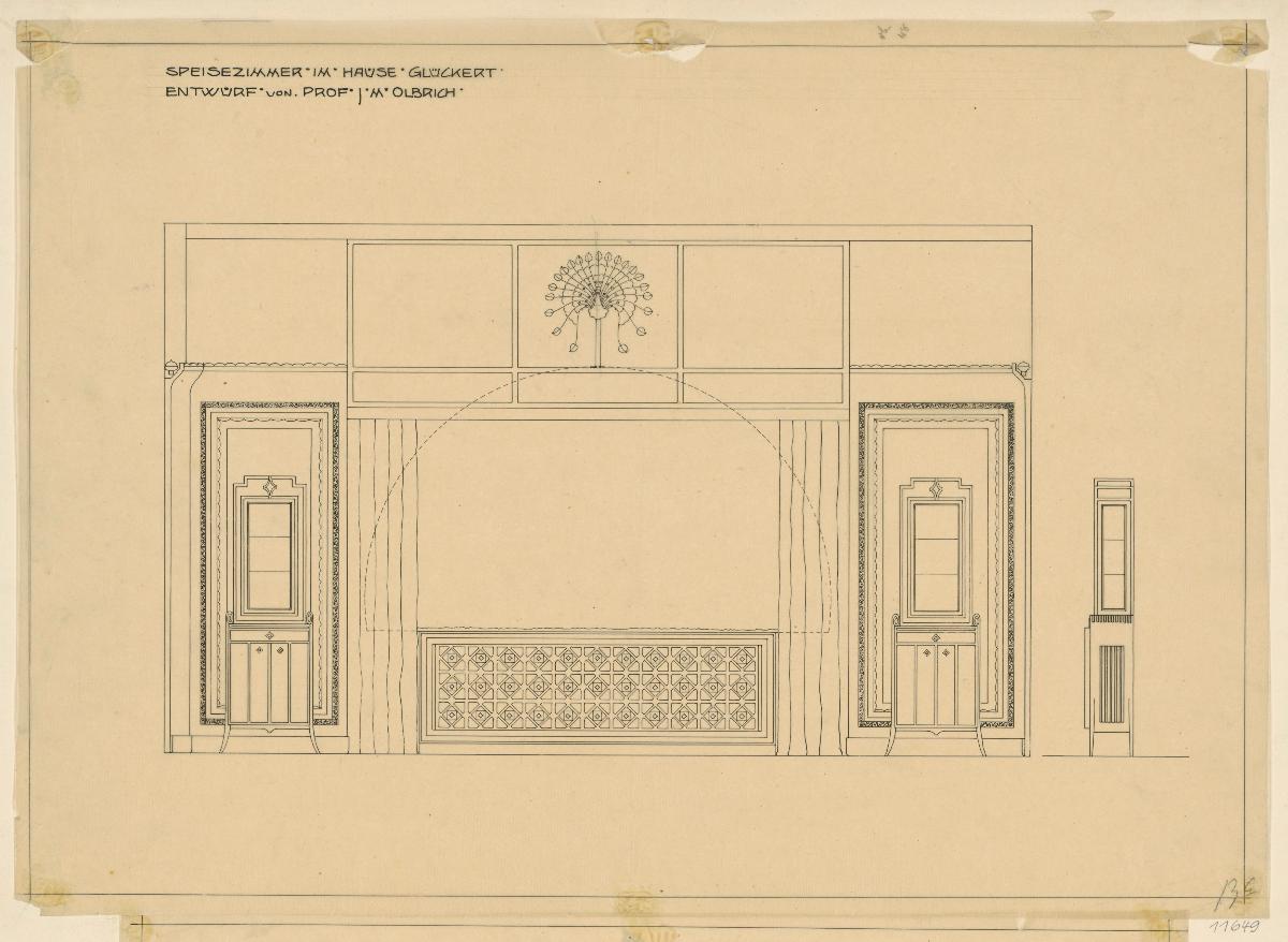 Darmstadt, Umbau des grossen Glückerthauses, Speisezimmer, Aufriss der Südwand und Seitenansicht des Schränkchens
