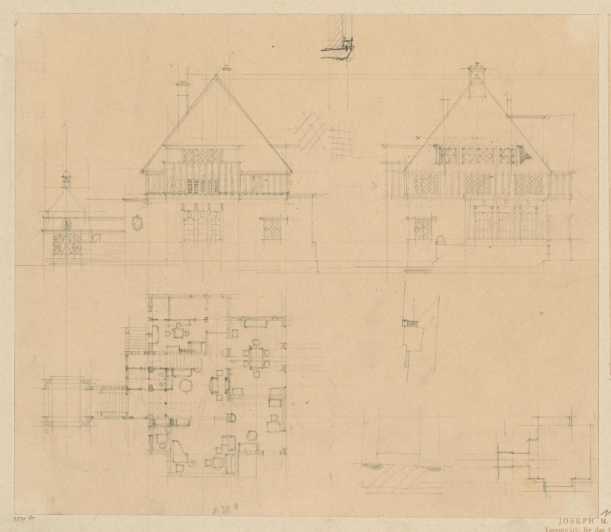 Darmstadt, Oberhessisches Haus, Vorentwurf, Skizzenblatt mit Aufriss der Ostfassade