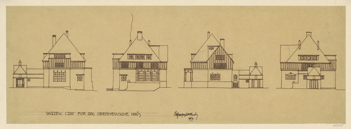 Darmstadt, Oberhessisches Haus, Vorentwurf, Aufrisse der West, Süd, Ost und Nordfassade