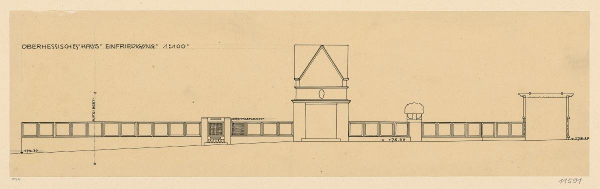 Darmstadt, Oberhessisches Haus, Einfriedigung mit Gartenpforte, Pavillon, Blumensockel und Pergola