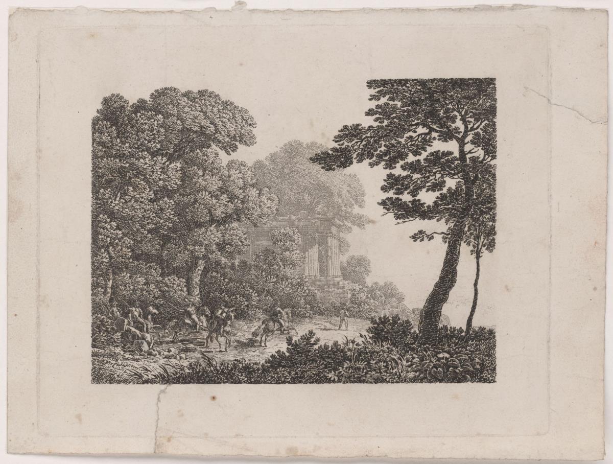 Landschaft mit Ruine eines griechischen Tempels und Reitern