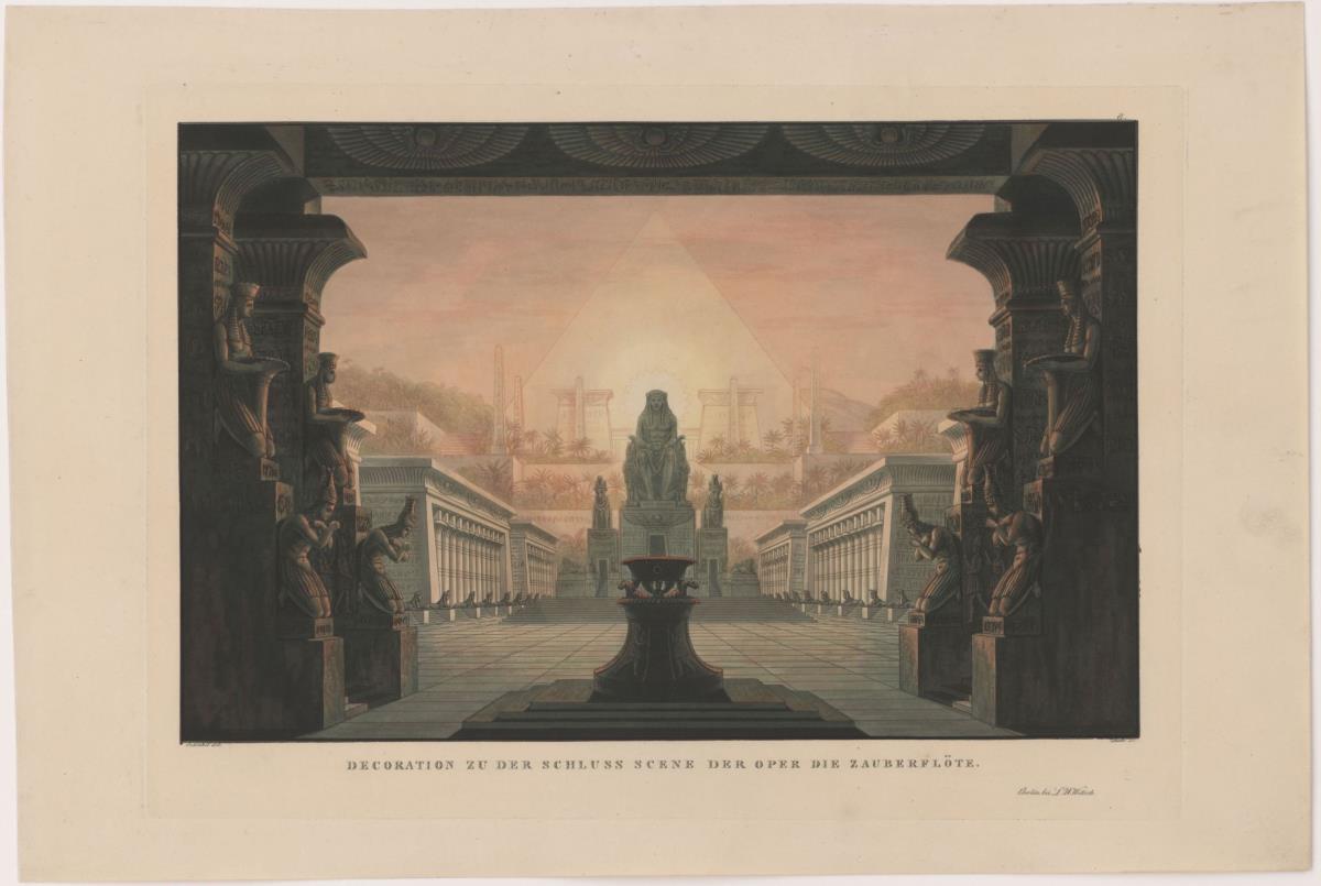 Die Zauberflöte. Oper von Wolfgang Amadeus Mozart. Entwurf zur 12. Dekoration. Der Sonnentempel des Sarastro