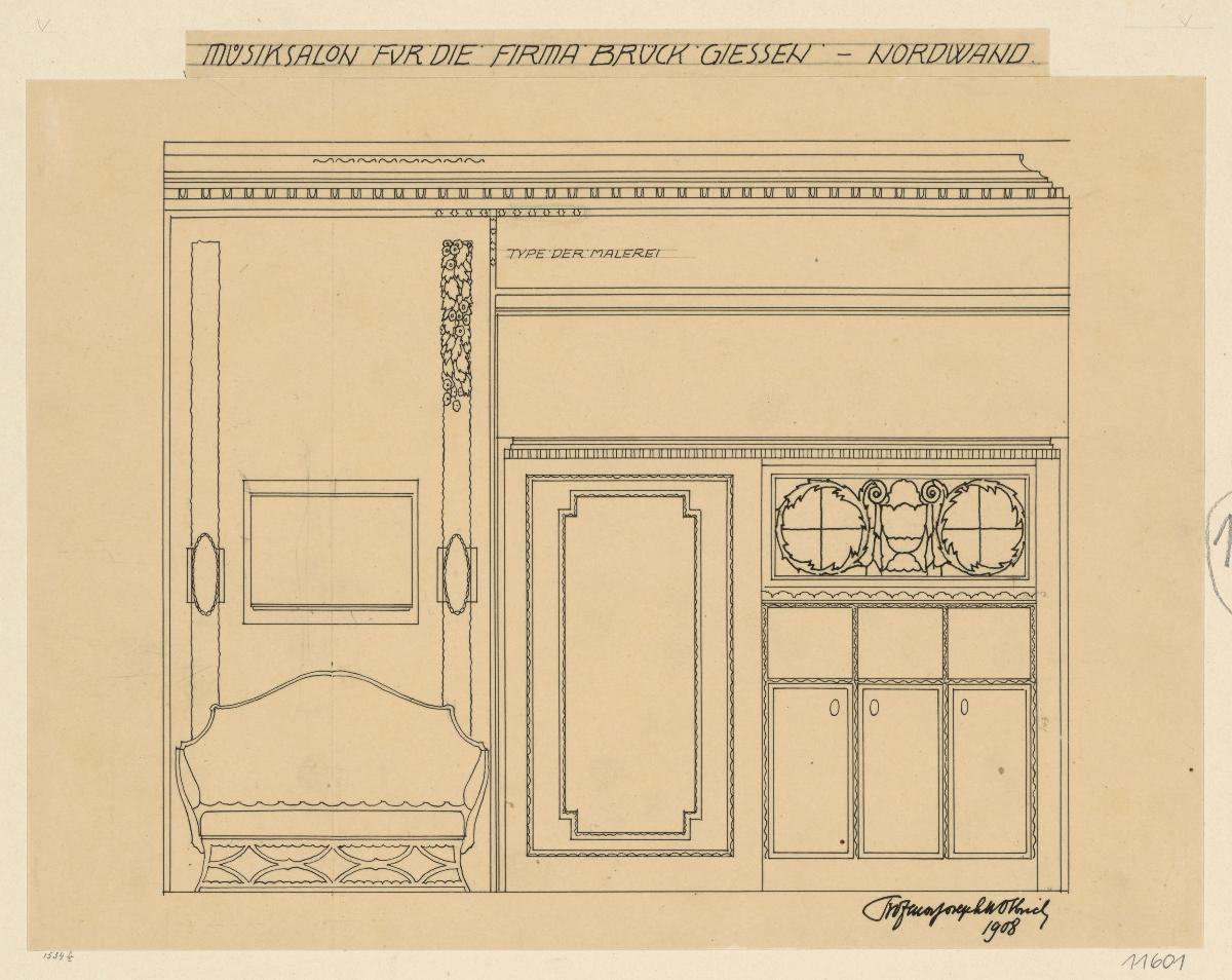 Darmstadt, Oberhessisches Haus, Musiksalon, Aufriss der Nordwand