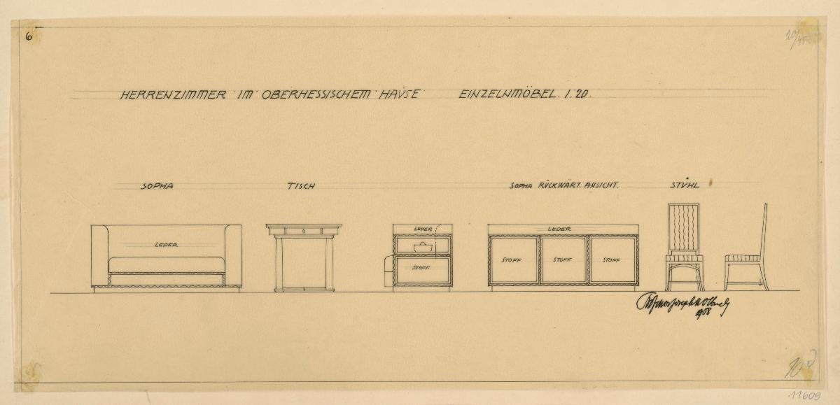 Darmstadt, Oberhessisches Haus, Herrenzimmer, Aufriss, Seiten und Rückenansicht des Sofas, Aufriss des Tisches sowie Aufriss und Seitenansicht des Stuhles