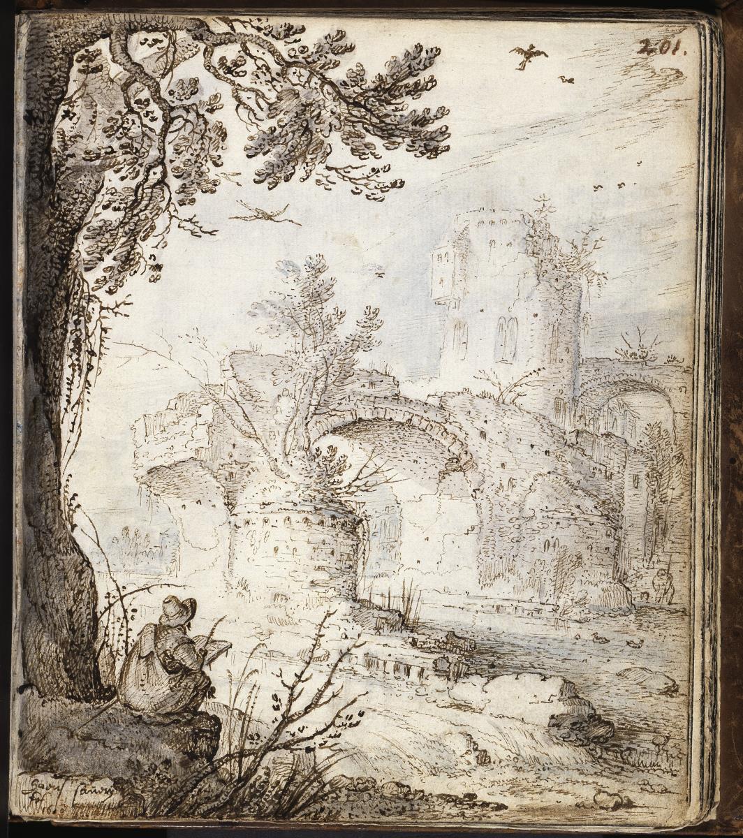 Flusslandschaft mit verfallener Brücke und einem Zeichner. Aus dem Stammbuch Gottfried Müller