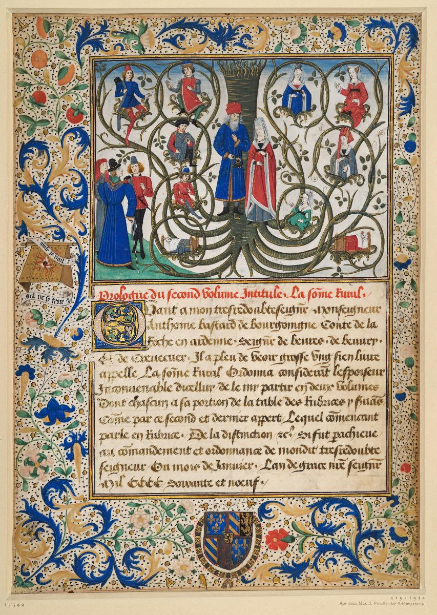 Stammbaumdarstellung in der Art der Wurzel Jesse. Blatt aus einer Prachthandschrift